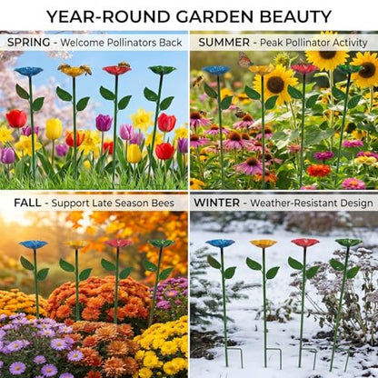 Bee Watering Station for Garden,Metal Bee Bath with Flower Design,Colorful Pollinator Watering Station,4-Pack