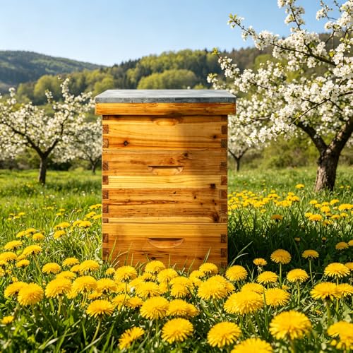 10-Frame Bee Hive Starter Kit – 100% Beeswax Coated, Langstroth Beehive with 2 Deep Boxes & 1 Medium Super, Solid Fir Wood Includes Metal Top Cover & Queen Excluder (No Frames) for Beginner Beekeepers