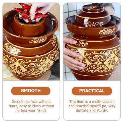 FOMIYES Earthenware Kimchi Jar 4lb Thickened Ceramic Pickle Sealed Crock with Water-seal Lid for Home Fermentation and Vegetable Storage