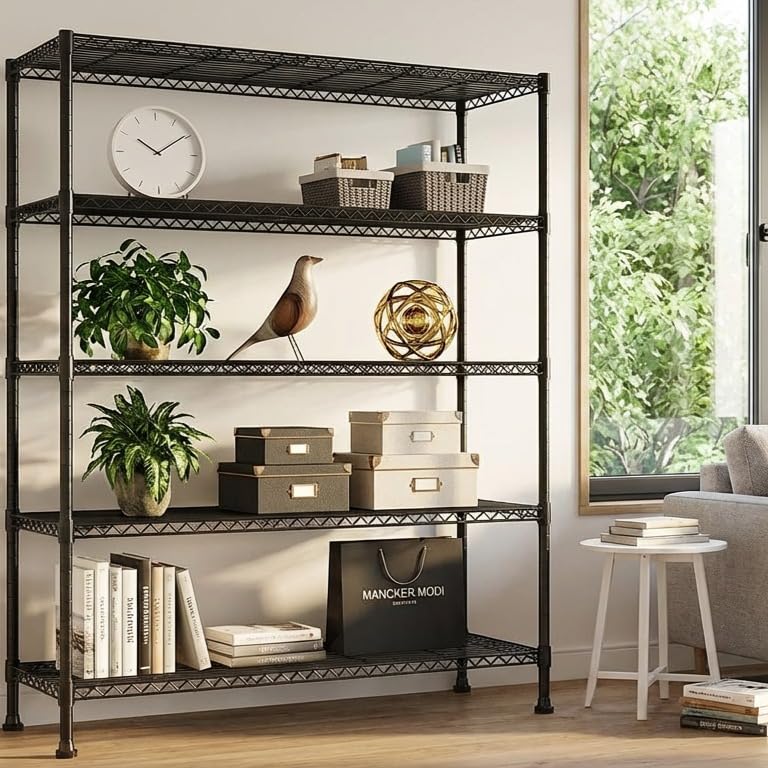 REIBII 45.8" W Storage Shelves, Heavy Duty 5-Tier Wire Shelving, Adjustable Metal Shelf for Pantry Kitchen Commercial, Tool-Free Assembly, 17.2" D x 45.8" W x 71" H, Black - size: 5 Tier, 45.8" W x 71" H x 17.2" D