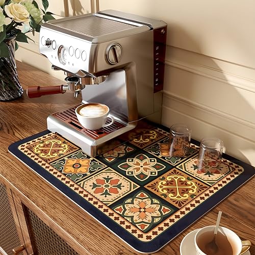 Coffee Mat, Boho Style Dish Drying Mat, Fast Water Absorption, Hide Stains, Easy to Clean, Fit Coffee Bar Accessories, Bar Mats for Countertop (12"x19", Blue Checkered) - color: Blue, size: 12" x 19"