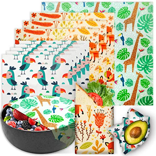 Reusable Beeswax Wrap - 9 Pack, Beeswax Wraps for Food, Eco-Friendly Beeswax Food Wrap, Organic, Sustainable, Biodegradable, Zero Waste, Plastic-Free Food Storage (1L Giraffe | 3M Fox | 5S Bird) - size: 1L Giraffe | 3M Fox | 5S Bird