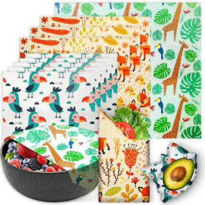 Reusable Beeswax Wrap - 9 Pack, Beeswax Wraps for Food, Eco-Friendly Beeswax Food Wrap, Organic, Sustainable, Biodegradable, Zero Waste, Plastic-Free Food Storage (1L Giraffe | 3M Fox | 5S Bird) - size: 1L Giraffe | 3M Fox | 5S Bird