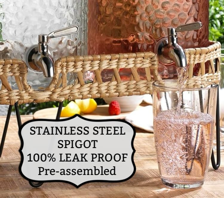 1.5 Gallon Glass Drink Dispenser for Parties 3 PACK Beverage Dispensers with Stand, Glass Water Jug Dispenser, with 18/8 Stainless Steel Spigot, Great for Party, Wedding, Picnic, BBQ Wicker Design - color: 1.5 Gallon Clear 3 Pack