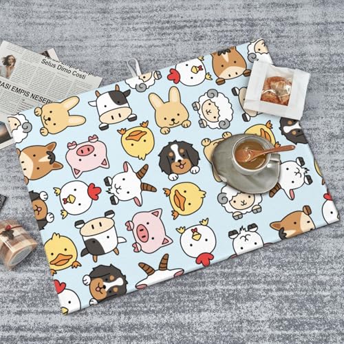Cute Farm Animals Blue Dish Drying Mat for Kitchen Counter, Farmhouse Rustic Cow Sheep Duck Microfiber Drying Pad, Absorbent Coffee Cup Dishes Drainer Mats 18"x24" - color: Farm Animal