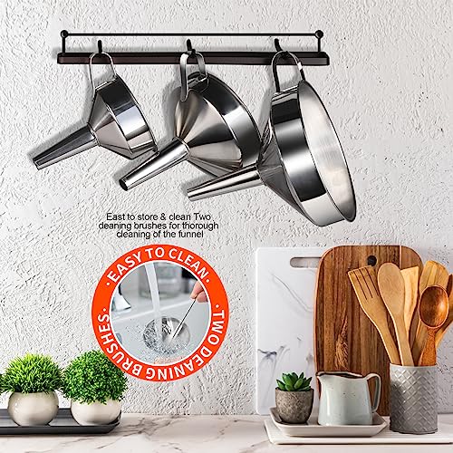 YGDZ Stainless Steel Funnel, 3PCS Kitchen Funnels for Filling Bottles Set, Large Food Grade Metal Funnel with 3pcs Removable Strainer, 2pcs Brushes, Funnels for Kitchen Use, Bottle Funnel for Liquid