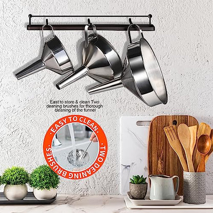 YGDZ Stainless Steel Funnel, 3PCS Kitchen Funnels for Filling Bottles Set, Large Food Grade Metal Funnel with 3pcs Removable Strainer, 2pcs Brushes, Funnels for Kitchen Use, Bottle Funnel for Liquid