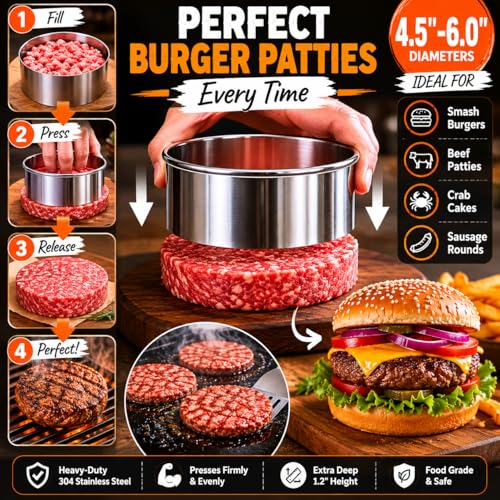 Doczen Large Round Cookie Cutter 6 PCS (2, 3, 3.5, 4, 5, 6 Inch) Set, 6-Piece Stainless Steel Biscuit Cutters, Heavy Duty Metal Ring Mold for Burger Press & Meat Shaping, Tortilla Crust