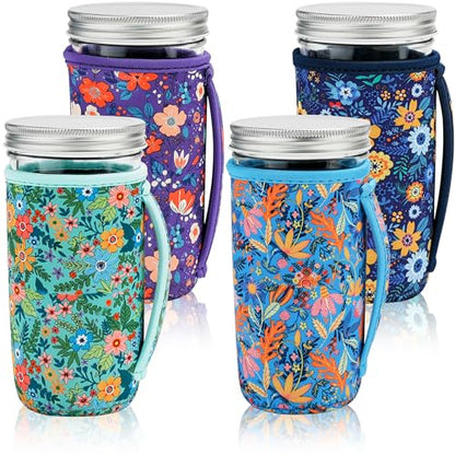 KJQJLY 4 Pcs Mason Jars Sleeves Neoprene 24oz Regular and Wide Mouth Mason Jar Sleeves Holder with Handle (Flowers, 24 OZ) - color: Flowers, size: 24 OZ