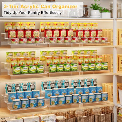 Adjustable Acrylic Can Rack Organizer for Pantry, 3 Tier Expandable Canned Storage Holder, Soda Can Dispenser Shelf Holds Up to 24 Cans, Clear Canned Display for Cabinet & Countertop (Patent Pending)