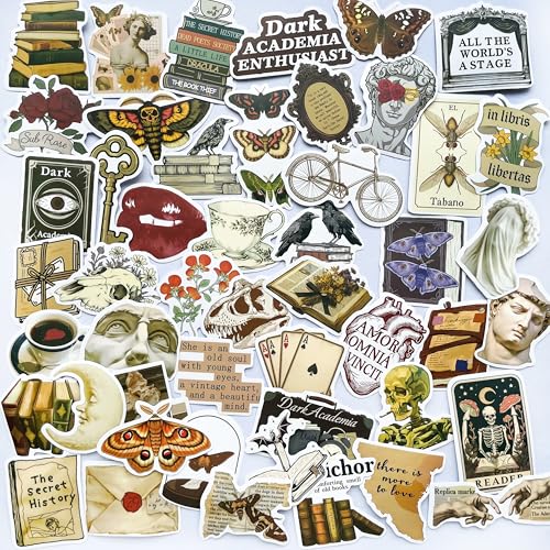 50 Pcs Dark Academia Stickers Pack – Vintage Gothic Aesthetic, Book Lover, Skull, Moth, Classical Art, Literary Quote Waterproof Vinyl Decals for Journaling, Laptop, Scrapbook, Gothic Decor - color: Dark Academia