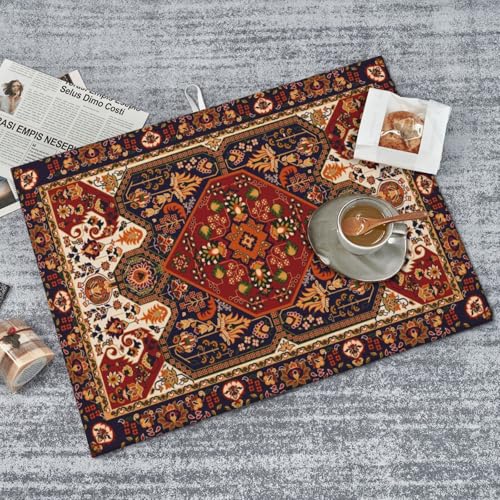 Persian Carpet Design Dish Drying Mat Tribal Texture Boho Persian Rust Carpet Drying Rack Pad Countertop Dishes Ultra Absorbent Microfiber Kitchen Counter Mat 18x24 Inch - color: Brown Red