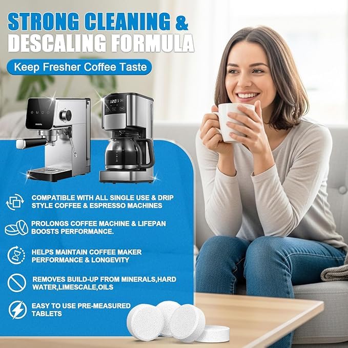 Coffee Machine Cleaner Tablets 24 Pack 5g per Tablet - Deep Cleaning Descaler for DeLonghi Philips Nespresso Breville Keurig - Food Grade Safe Formula Removes Oil Residue & Odor