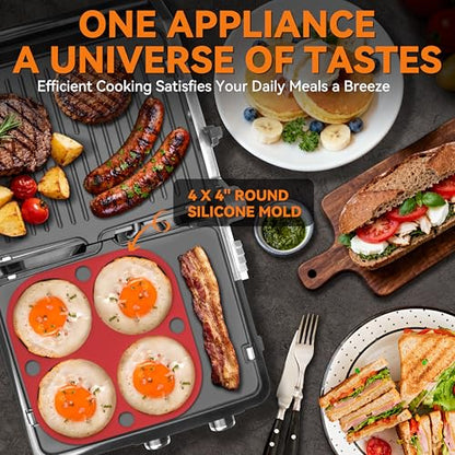 Baker's Friend 4-slice Panini Press Grill Cheese Sandwich Maker, Electric Grill Indoor with Temperature Setting, Opens 180 Degrees, Dual Non-stick Surfaces, 4-circle Silicone Mold, Reversible Plates - color: Silver