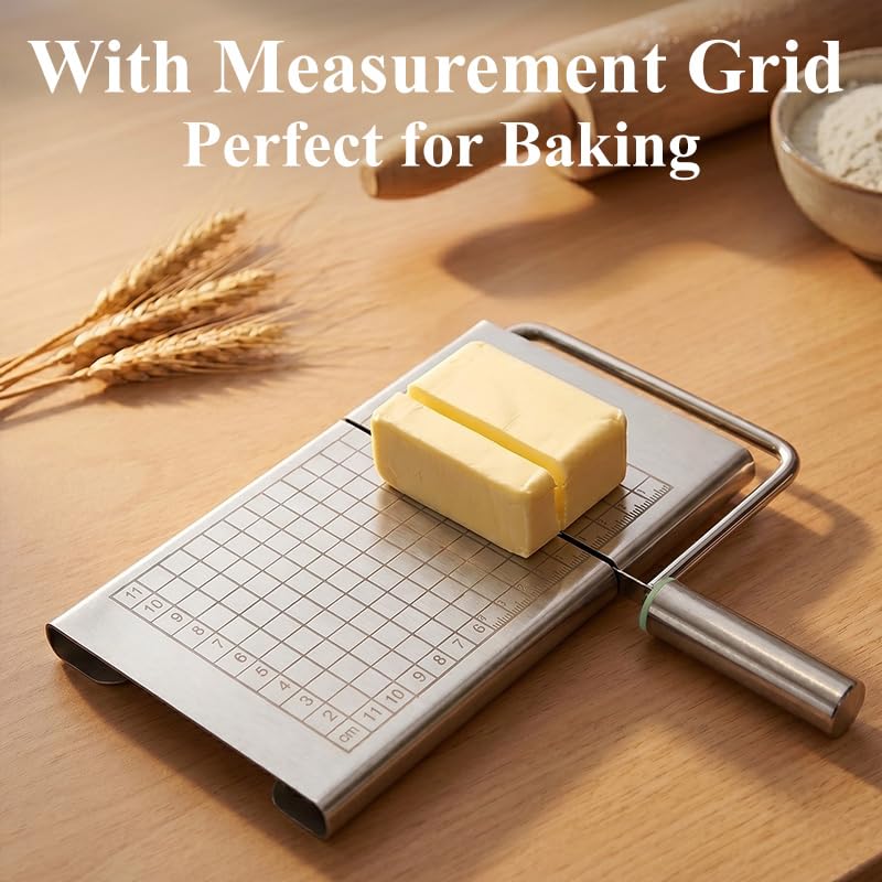 Wire Cheese Slicer & Cutter for Block Cheese & Butter — Stainless Steel Blade with Measuring Grid for Adjustable Thickness, No Wire Replacement Needed, Dishwasher Safe