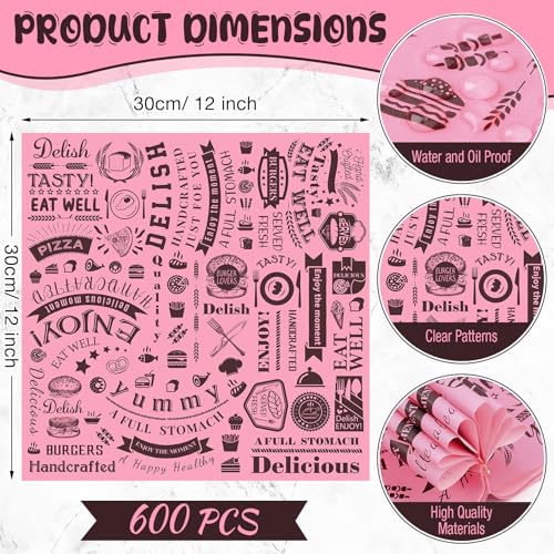 Outus 600 Pcs 12 x 12 Inch Deli Wax Paper Sheets Grease Resistant Tray Basket Liners Newsprint Paper Water and Grease Proof Sandwich Wrapping Square Hot Dog Wrappers for Food Baking (Pink,Black) - color: Pink, Black