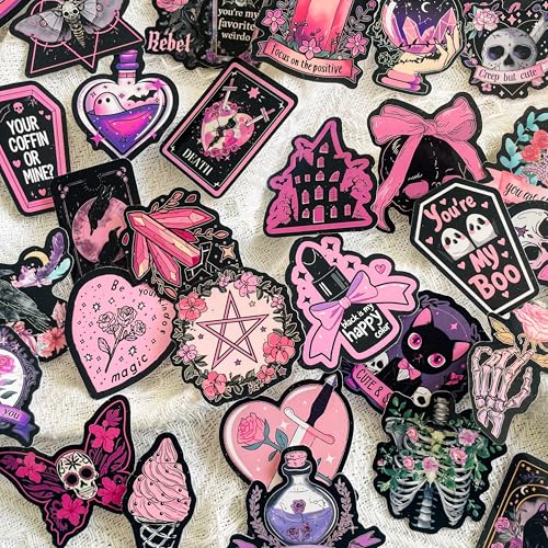 50-Piece Pink Goth Witch Sticker - Pastel Gothic Stickers with Skulls, Crystals, Cats, Tarot Cards, Spooky Quotes - Waterproof Vinyl for Laptops, Scrapbooks, Water Bottles - color: Pink Goth