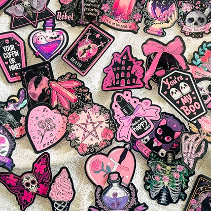 50-Piece Pink Goth Witch Sticker - Pastel Gothic Stickers with Skulls, Crystals, Cats, Tarot Cards, Spooky Quotes - Waterproof Vinyl for Laptops, Scrapbooks, Water Bottles - color: Pink Goth