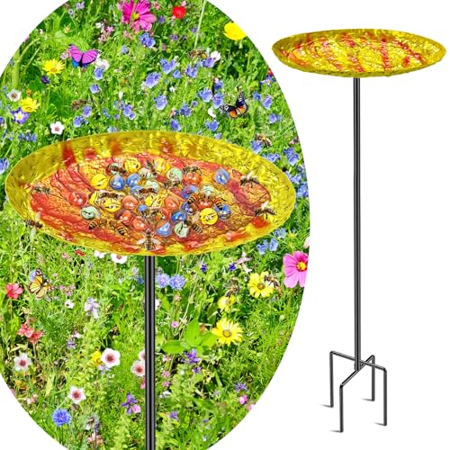 Bee Butterfly Water Station, MeyRolizn Metal Butterfly Puddler with Glass Marbles, Bee Bath Butterfly Feeders with 4 Prongs Base Stake for Outdoors Garden Yard Patio Decor(Ellipse) - style: Ellipse