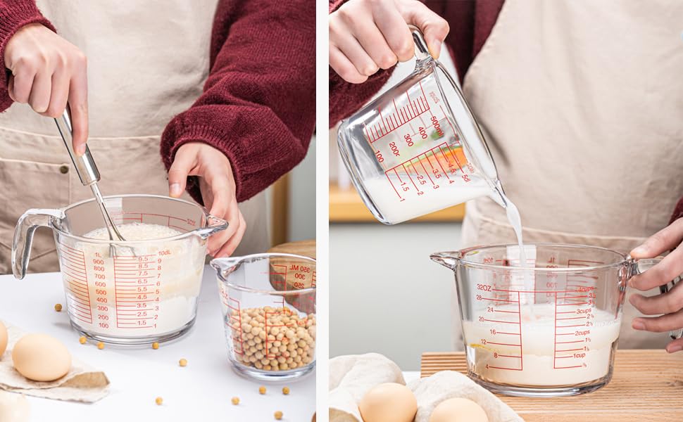 X-Large Tempered Glass Measure Cup - Bold Red Increments - 32 oz. - 4 Cup or 1000L- 10DL Multi Purpose Measuring, Liquid & Dry Ingredients - Kitchen Tool - Red