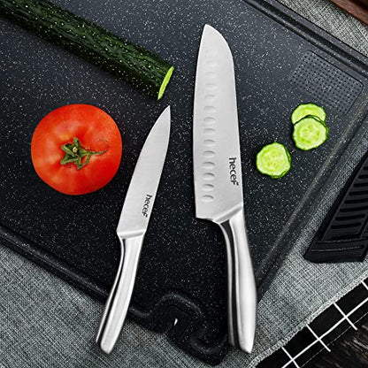 hecef Silver Kitchen knife set of 5, Satin Finish Blade with Hollow Handle, includes 8" Chef, 8" Bread, 8" Santoku, 5" Utility and 3.5" paring knife - style: 5 PCS