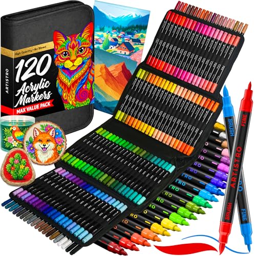 ARTISTRO Acrylic Paint Pens With Storage Bag for Calligraphy - Markers With Brush and Fine Precision Tips - Multisurface Painting for Fabric, Rock, Glass, and More (120 Markers, Dual Tip Brush + Fine) - size: 120