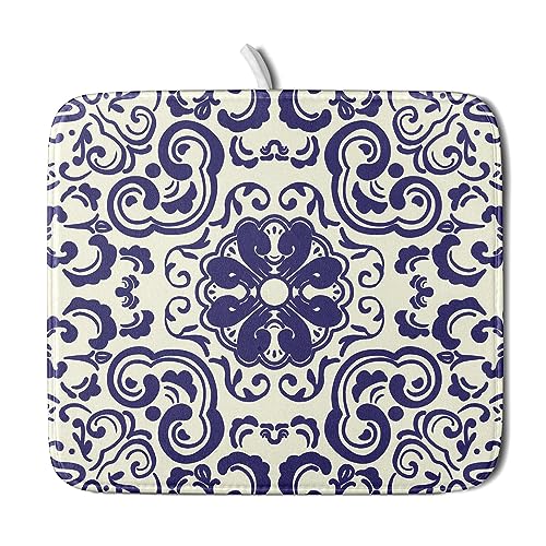 Boho Ethnic Design Dish Drying Mat for Kitchen Counter,Blue Bohemian Mandala Drying Mat 16 x 18 Inch with High Absorbent Reversible Microfiber Dish Drying Pad Dish Rack Pad Drainer Mat for Coffee Bar - color: Blue Boho Mandala230807, size: 16" x 18"