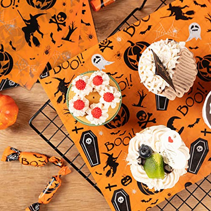100 Pcs Wax Paper for Food, Halloween Wax Paper Sheets Sandwich Wrap Paper Deli Wraps, Waterproof Oil-proof Picnic Basket Liners with Pumpkin Ghost Hat Pattern for Kitchen Handmade Food - color: Pumpkin