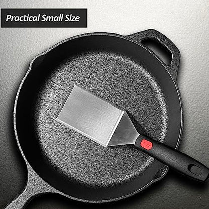 Small Spatula for Cast Iron Skillets, Full Tang silicone Handle, Heat Resistant, Commercial Grade Heavy Duty Turner, Press Burger Spatula Turner for Flipper, Cooking, Serving, 2.7" Wide - size: 2.7" x 3.7"