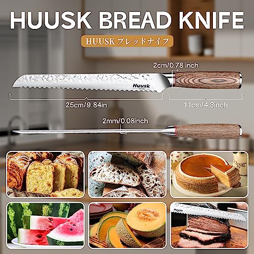 Huusk Japanese Sourdough Bread Knife - 10" Sharp Bread Slicing Knife for Homemade Cake Toast Bagel, Stainless Serrated Long Knives for Fruit Vegetable Watermelon, Gift Idea for Men Women Baking Lover