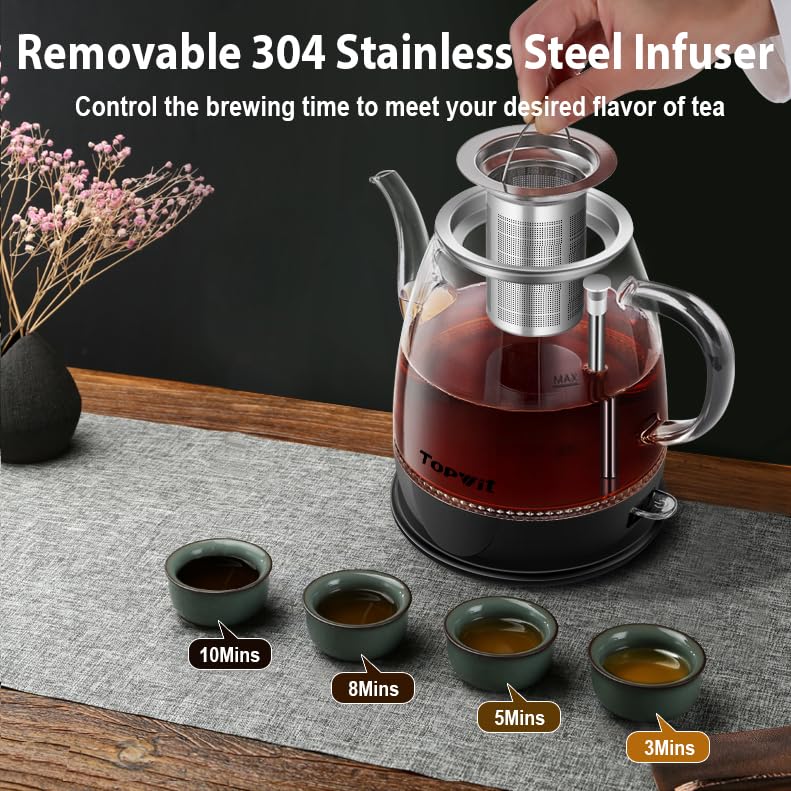 Topwit Electric Kettle Glass, For Hot Water, Tea and Coffee Dual Purpose Design, BPA-Free, 1L Pour Over Removable Stainless Steel Infuser, Auto-shut Off & Boil-dry Protect - color: Black