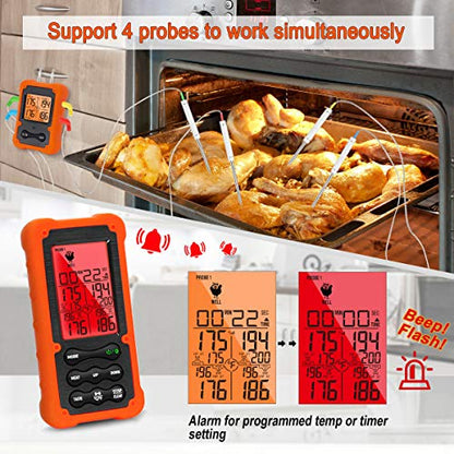 Grill Smoker BBQ Cooking Food Thermometer Oven Safe - Digital Wireless Meat Thermometer for Grilling Smoking with 4 Probes - Kitchen Baking Steak Turkey Candy Thermometers, not for Medical Purposes