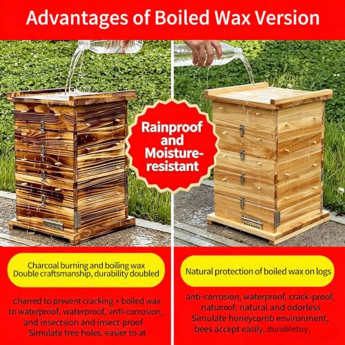 Beehive Box Kit, Pine Wood 5-Layer Structure Beeswax Coated Vertical Beehive, Without Nest Frame, with Metal Hive Entrance (Carbonized Version, 5-Layer Segmented Design) - color: Carbonized version, size: 5-Layer Vertical Beehive