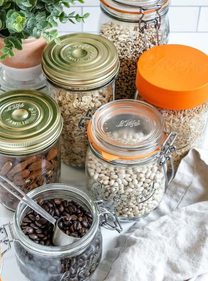 Le Parfait Eco-Friendly Zero Waste Wide Mouth Glass Jar with Airtight Screw Top Lid - Reusable French Storage Jar for Food, Soup, Flour, Sugar, Canning & Baking (3L/96oz, 3 Pack, Gold 2-Piece Lid) - color: 3L-Gold (Set/3)