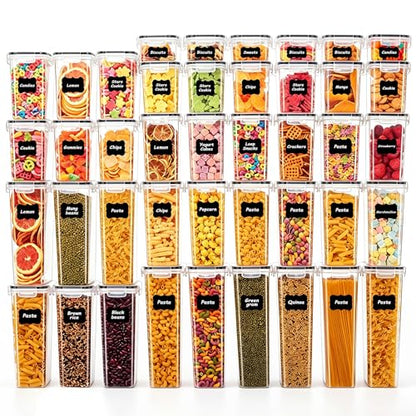 42 PCS Airtight Food Storage Containers with Lids, BPA Free Clear Plastic Kitchen and Pantry Organization and Storage Set for Flour, Sugar, Cereal, Pasta, Includes 42 Labels and Marker - size: 42pcs