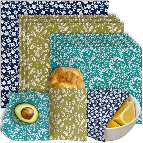 Reusable Beeswax Wraps, Blue Green Floral Wraps, 9 Pack Sandwich, Snack, Bowl, Food Storage, Organic, Sustainable, Zero Waste, Plastic-Free, Eco-Friendly, 1XL, 3M, 5S - color: Green Botanical4