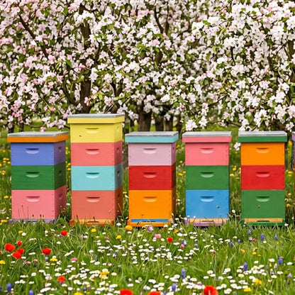 Marsui 6 Pcs Bee Hive 10 Frame Deep Bee Hive Box, Langstroth Beehive Boxes Natural Beeswax with Window, Beehive Frames and Beeswaxed Foundations