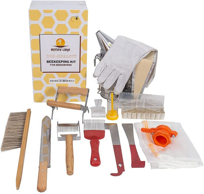 Honey Lake 8 Frame Beehive Starter Kit – Beeswax Coated Deep Beehive Box with Frames, Complete Beekeeping Kit for Beginners with Bee Smoker, Hive Tools, Brush, Gloves & Protective Veil Hat - size: 8-Frame