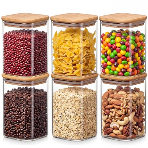 6-Pack 1.2Qt Square Glass Storage Jars with Bamboo Lids | Minimalist Kitchen Organizer,Pantry Storage Container,Food Storage Container,Scandinavian Style Storage,Nordic Style Storage - size: 1.2Qt*6