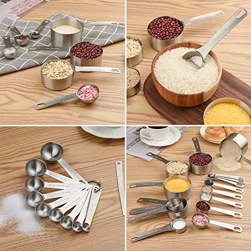 Measuring Cups and Spoons Set, 18/8 Metric & US Stainless Steel 8 Measuring Cups & 9 Spoons with 1 Leveler & 1 Measurement Conversion Chart for Baking & Kitchen - size: B: 8cups+9spoons