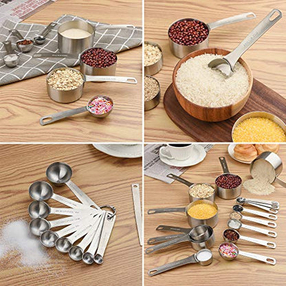 Measuring Cups and Spoons Set, 18/8 Metric & US Stainless Steel 8 Measuring Cups & 9 Spoons with 1 Leveler & 1 Measurement Conversion Chart for Baking & Kitchen - size: B: 8cups+9spoons
