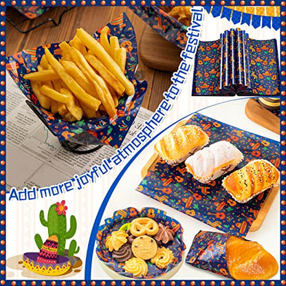 100 Pcs Fiesta Wax Paper for Food, Cinco De Mayo Wax Paper Sheets Deli Paper Sandwich Wrap Candy Wraps, Waterproof Oil-proof Picnic Basket Liners with Guitar Pattern for Kitchen Handmade Food(Blue) - color: Fiesta-blue