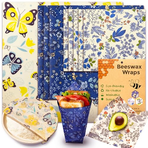 OHIYO Reusable Beeswax Wrap for Food, 9 Pack Organic Cotton Beeswax Papers (1XL + 3M + 5S), Bread Sandwich Wrapper, Suitable for Bowls, Cheese, Reusable Plastic-Free Food Storage Wrap
