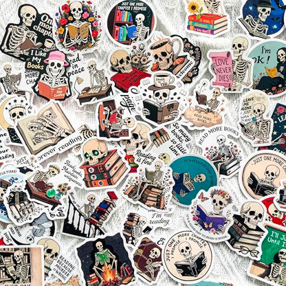 56PCS Gothic Skeleton Bookish Stickers – Funny Reading Quotes Vinyl Decals for Book Lovers, eBook Reader, Journal, Laptop, Scrapbook, Planner, Kindle, Water Bottles - color: Skeleton Reading
