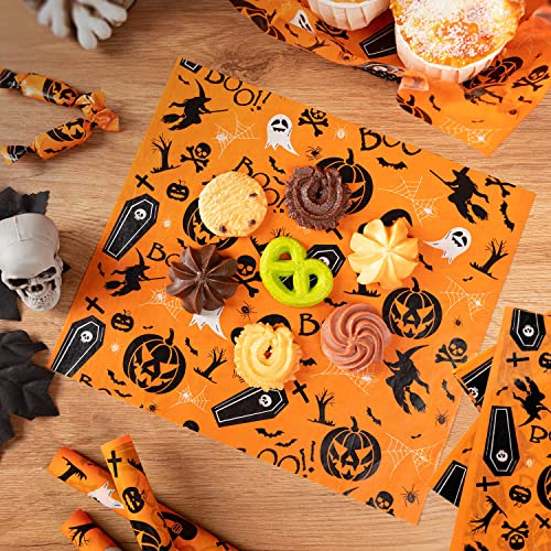 100 Pcs Wax Paper for Food, Halloween Wax Paper Sheets Sandwich Wrap Paper Deli Wraps, Waterproof Oil-proof Picnic Basket Liners with Pumpkin Ghost Hat Pattern for Kitchen Handmade Food - color: Pumpkin