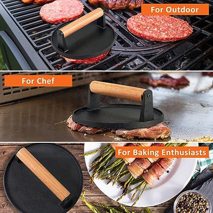 Leonyo Smash Burger Kit, 12" Basting Cover for Griddle, Round Cast Iron Bacon Press Cheese Melting Dome Lid BBQ Accessories for Outdoor Flat Top Grill, Kitchen Cooking