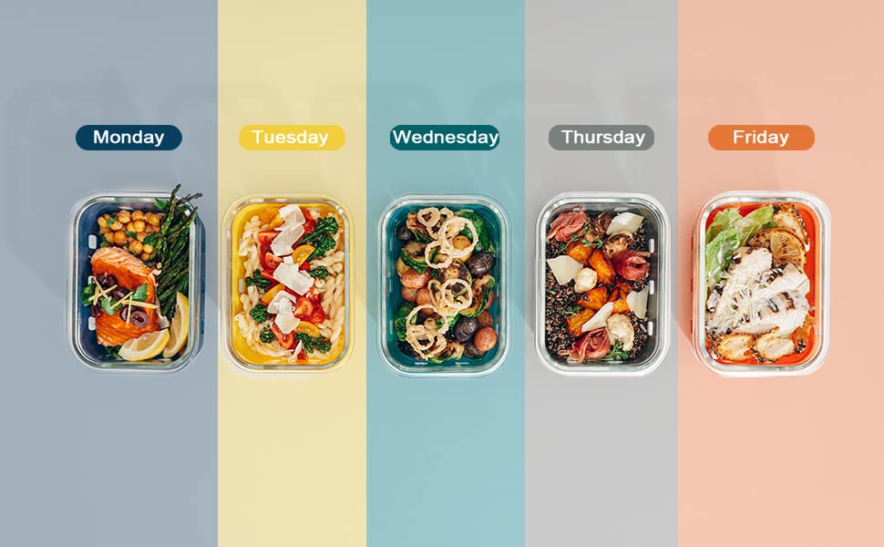 GENICOOK Glass Meal Prep Containers 5-Pack With Glass Lids & Steam Vent, 35 Oz / 4.4 Cups Leakproof Airtight Food Storage Containers, Borosilicate Glass, Microwave And Dishwasher Safe, Bpa-Free - color: Grand Five-Color