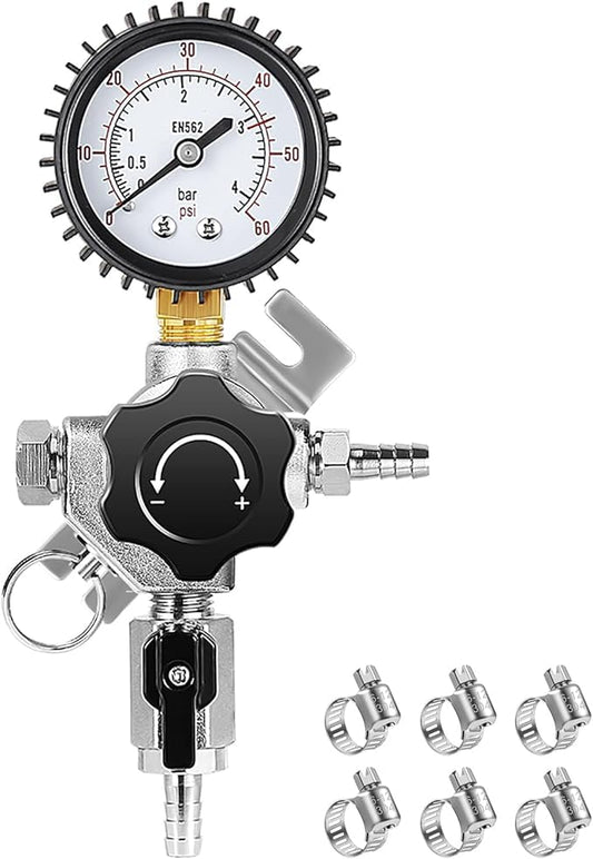 Beer Secondary CO2 Regulator, Single Gas Inlet Keg Regulator & 0-60PSI Gauges Two-Stage Co2 Regulator with Relief Valve & 5/16’’ Barbed Outlets for Homebrew System or Commercial Kegs - size: 1 Input+ 1 Output