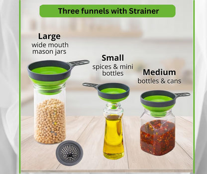Collapsible Funnel Set of 3 | Silicone Pot Edge Soup Pour Spout | Food Grade Silicone Canning Funnels for Kitchen Use – Wide & Regular Mouth Mason Jars, |Canning, Easy Liquid Transfer