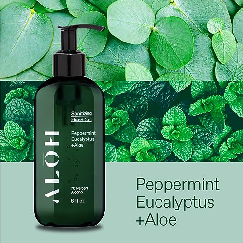 ALŌH Sanitizing Hand Gel 2-pack | Peppermint Eucalyptus + Aloe | 70% Alcohol Hydrating Hand Sanitizer Gel with Essential Oil, for Kids & Adults | 8oz Bottle (Set of 2) - color: Peppermint Eucalyptus + Aloe (2 Pack)